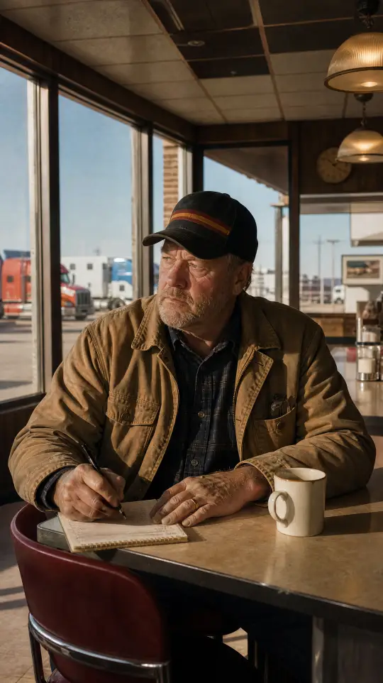 Bill Pruett writing in his logbook at the counter, a mug of coffee beside him, afternoon sun