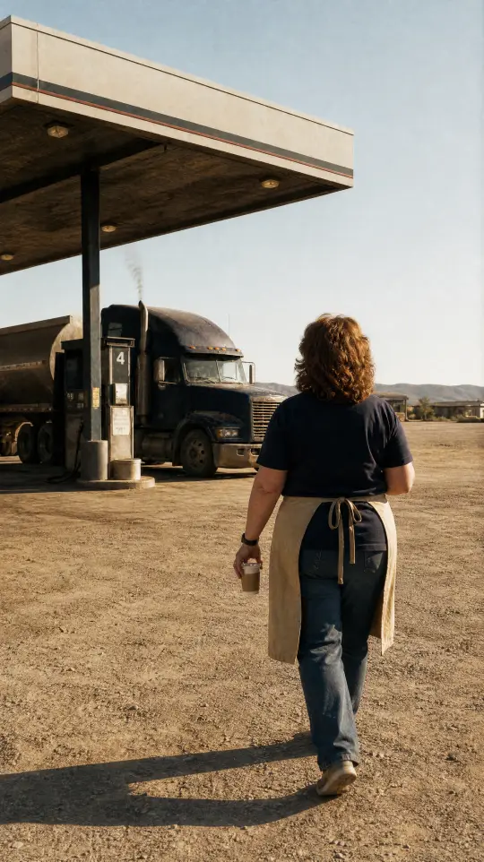 Sue walking across the sunny lot toward a navy rig parked at the pumps