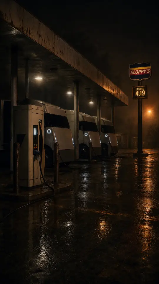 The SLOPPY'S lot at night, wet asphalt under the canopy lights