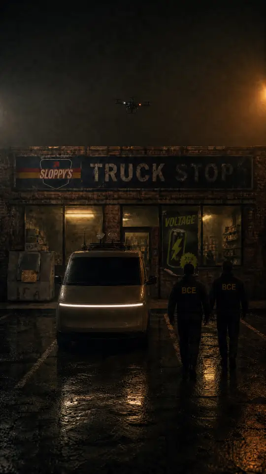 A white van parked nose-in at the SLOPPY'S storefront on a rainy night