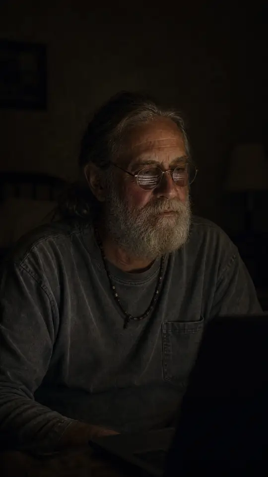 Skillet, lit by a laptop screen in a dark motel room.