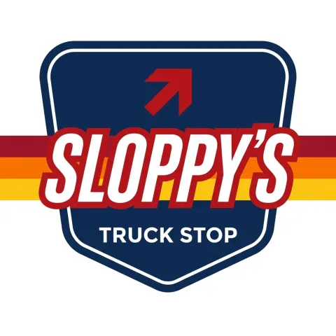 The SLOPPY'S Truck Stop shield: navy, with a red, orange and yellow stripe