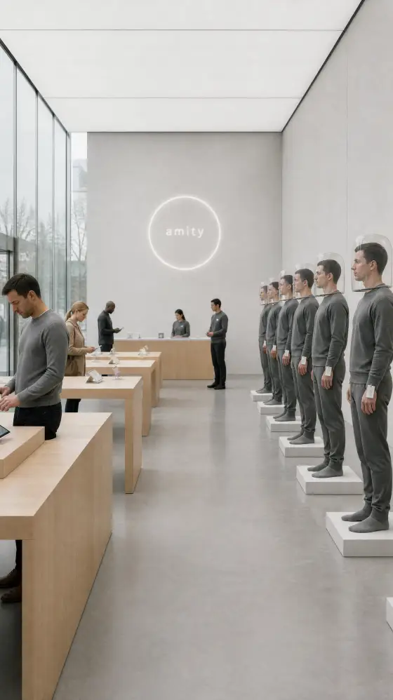 The bright, clean Amity store in town, pale wood tables and the white ring logo on the back wall