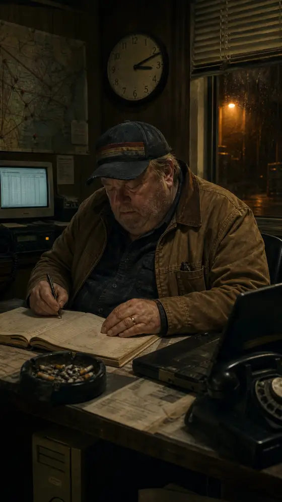 Bill Pruett at his desk in the freight office, writing in a logbook under a banker's lamp