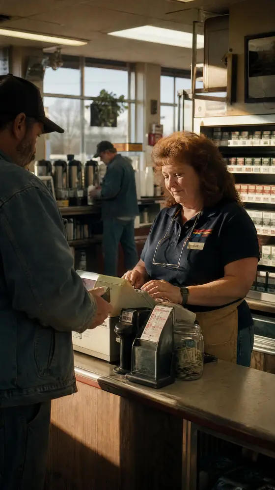 The SLOPPY'S counter in the daytime years ago, bright and busy, Sue at the register