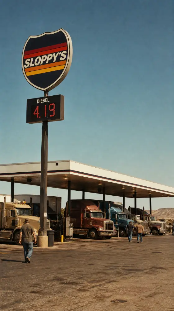 The SLOPPY'S pole sign over the pumps on a sunny afternoon, diesel at 4.19
