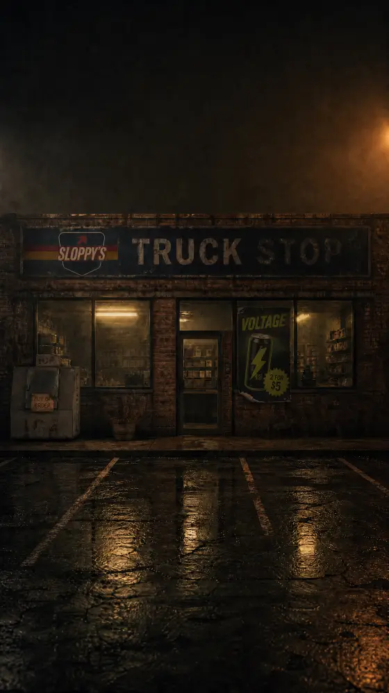 The SLOPPY'S storefront at night, brick front with the TRUCK STOP sign band and wet parking spaces