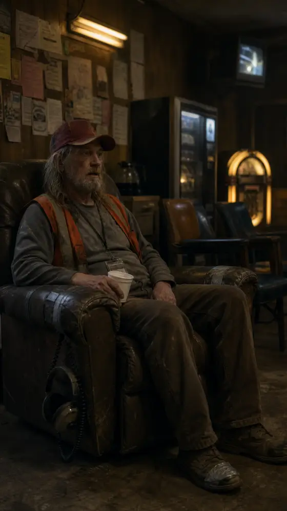 Joe in the drivers' lounge recliner with a foam coffee cup, wearing an orange safety vest