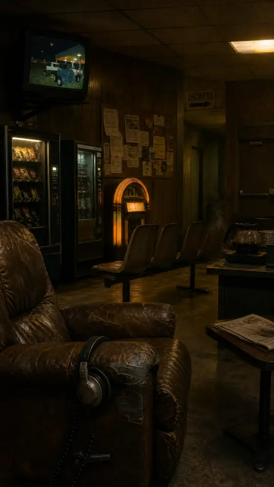 The drivers' lounge at night: a patched vinyl recliner, wood panelling and the glowing jukebox