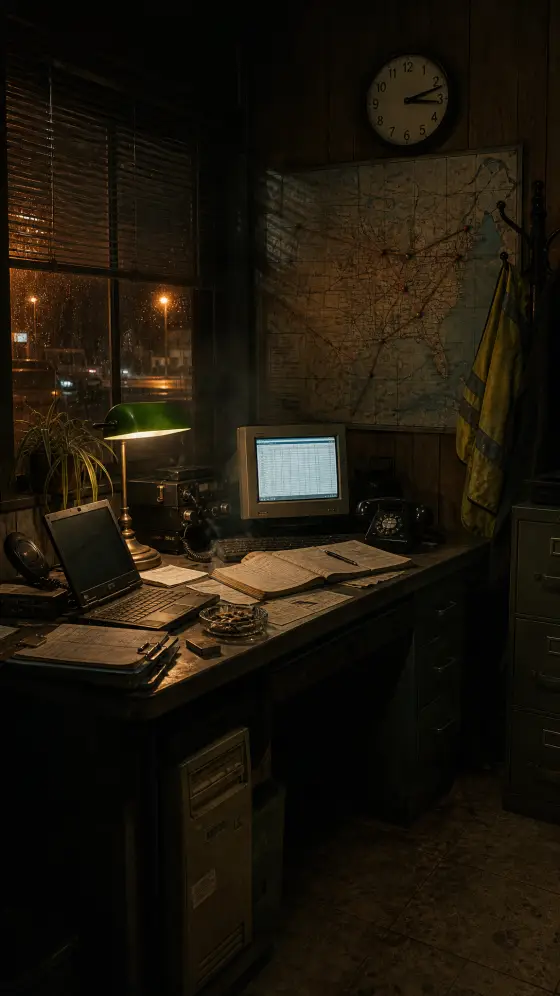 The freight office at night: a steel desk with logbooks, a banker's lamp, a route map and a wall clock