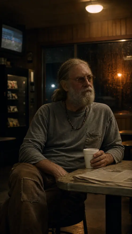 Skillet at the window booth with a paper coffee cup, long gray beard and ponytail, tinted round glasses
