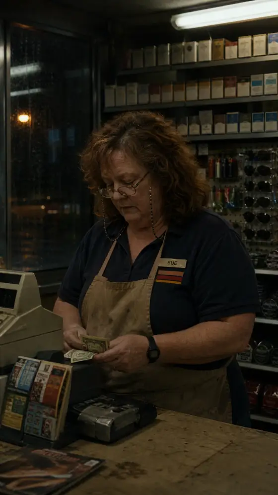 Sue at the register counting cash, reading glasses on, a wall of cigarettes behind her