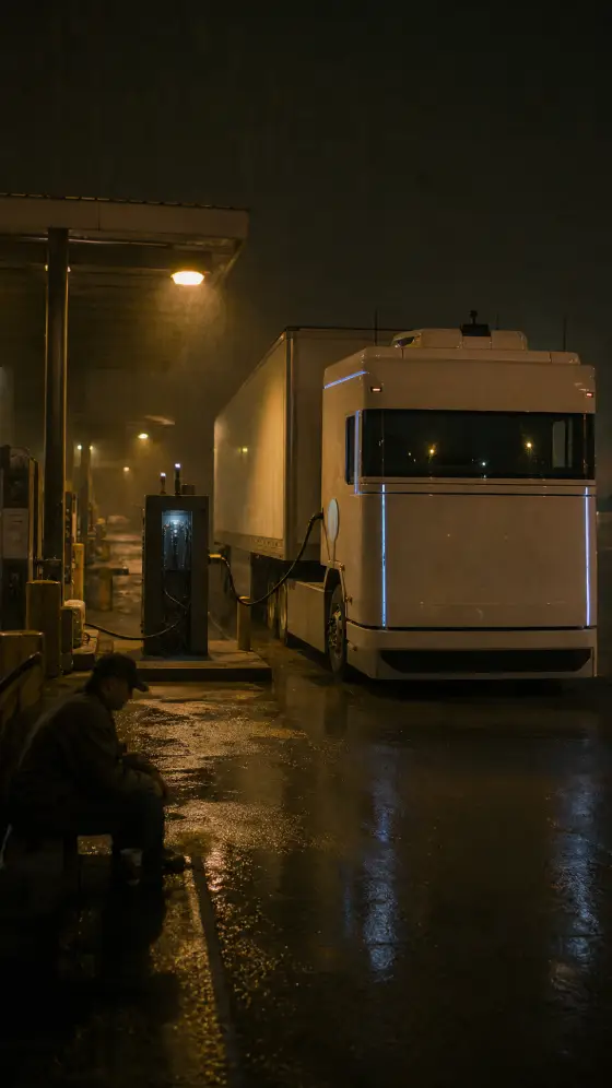 A boxy white driverless truck with no windows charging under the canopy on a foggy night
